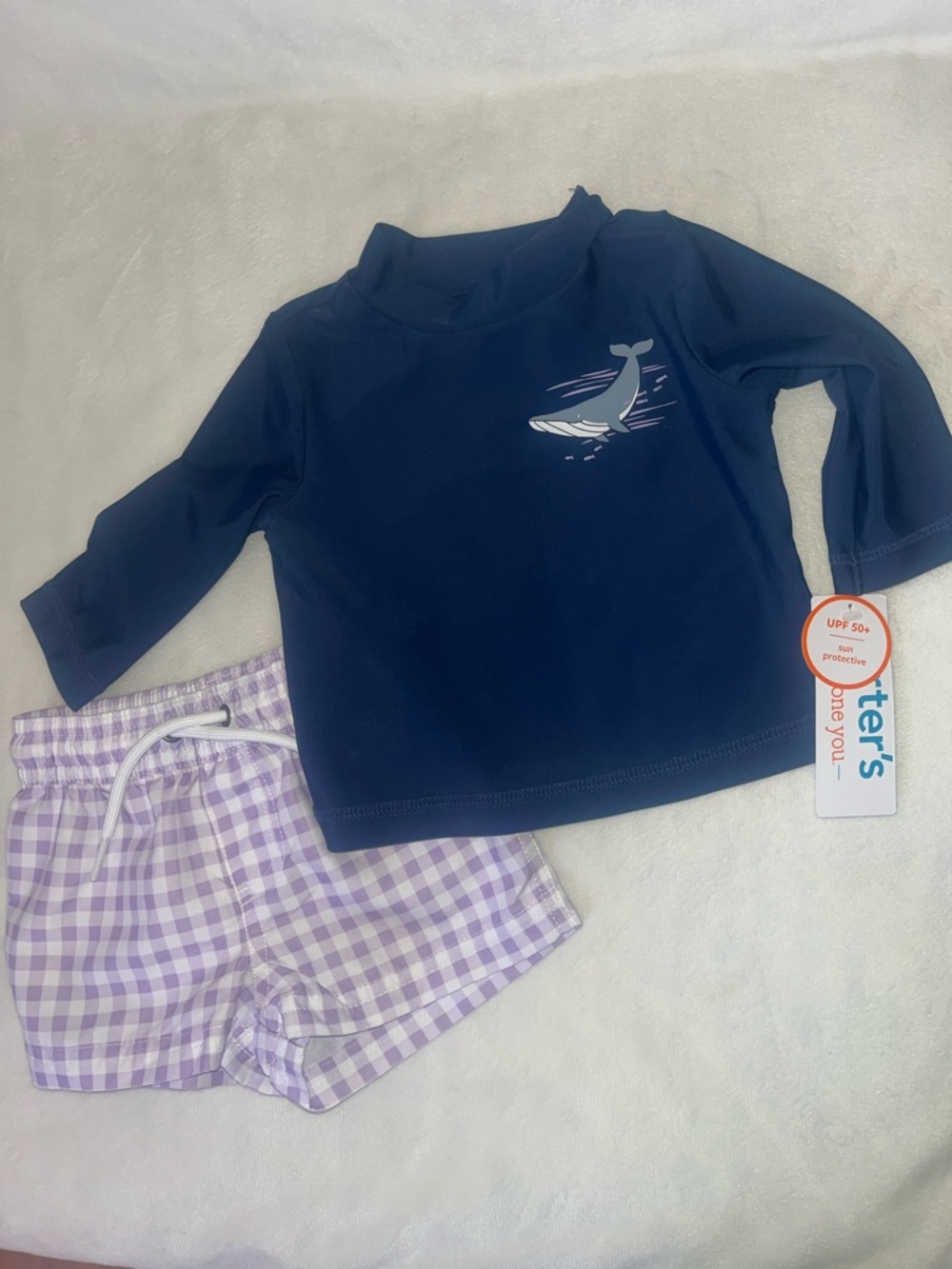 Carter's Navy Whale Rashguard with Lavender Gingham Swim Shorts 3m